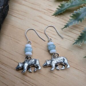 Charming Silver Bear Earrings with Blue and White Beads